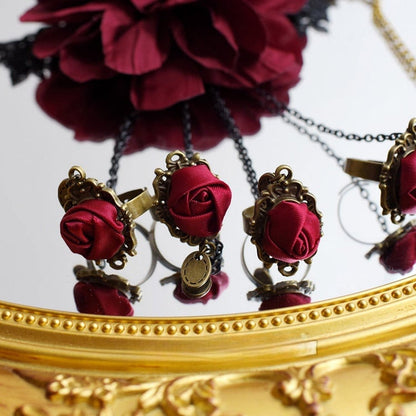 Gothic Lolita Wine Red Rosette Bracelet with Chain