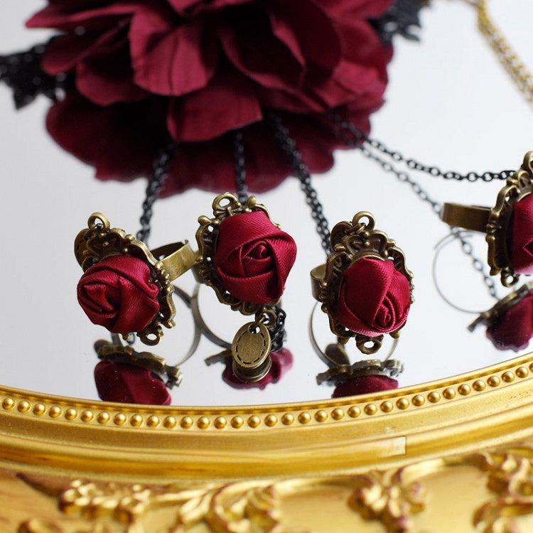 Gothic Lolita Wine Red Rosette Bracelet with Chain