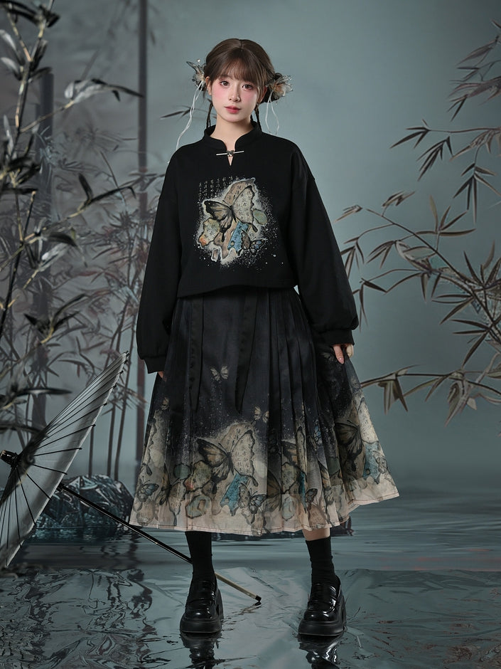 Cheongsam Style Butterfly Print Black Horse-Face Pleated Skirt Long/Short Version