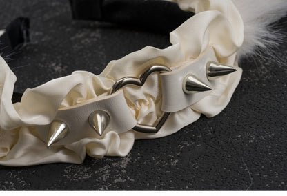 White Handmade Studs Detail Plush Bunny Ear Ruffled KC