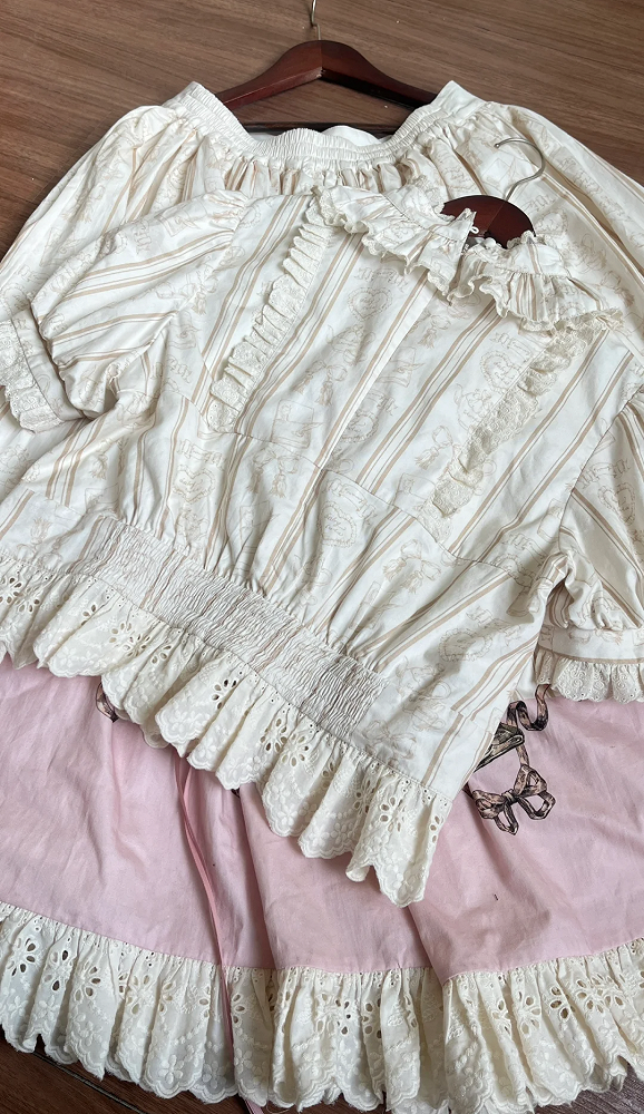 Plus Sizes Available Creamy Short Sleeves Blouse + Little Grils and Toys Print Skirt Set