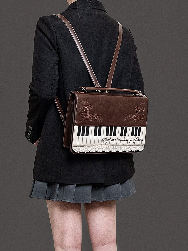 Elegant Midium-Sized Brown Piano-Themed Crossbody & Backpack Briefcase With Embroidered Floral Accents