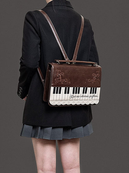 Elegant Midium-Sized Brown Piano-Themed Crossbody & Backpack Briefcase With Embroidered Floral Accents