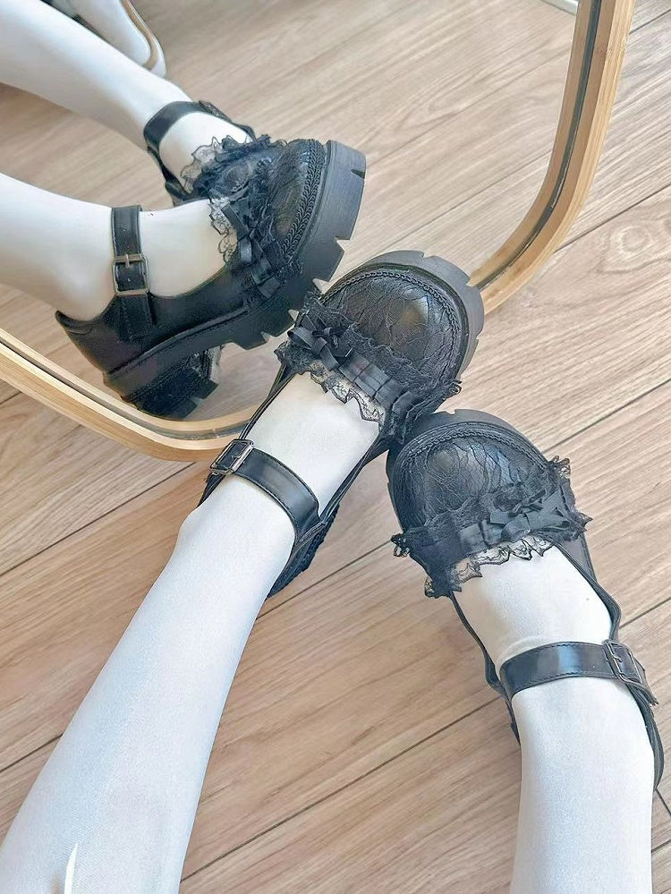 Lace Details Bow Accents Black Platform Mary Janes