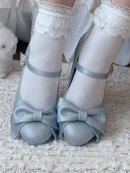 PU Blue Elegant Lolita Heels - Crystal Heart Buckle with Bow Accents
