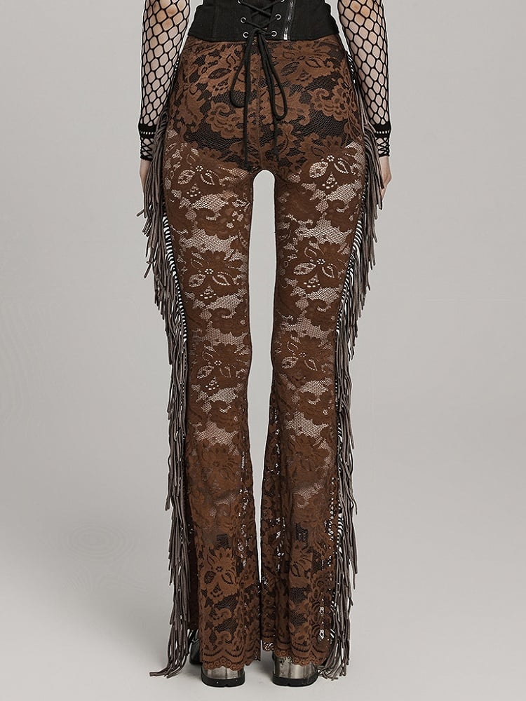Clearance-Size L for Waist 77CM Coffee Goth Lace Trousers
