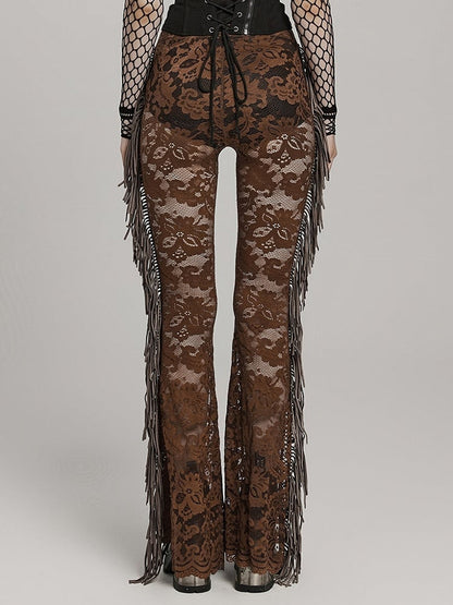 Clearance-Size L for Waist 77CM Coffee Goth Lace Trousers