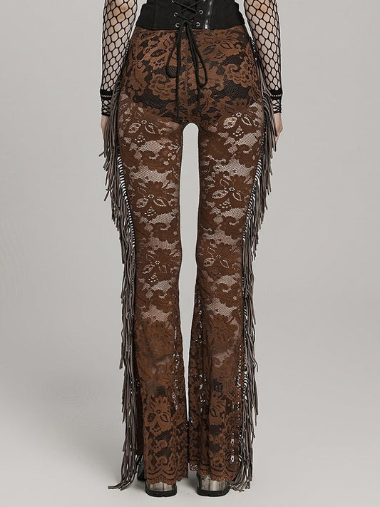 Clearance-Size L for Waist 77CM Coffee Goth Lace Trousers