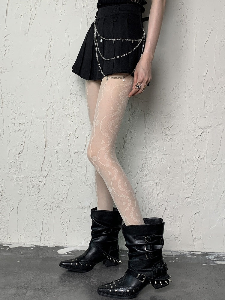 Black/White Y2K Side Floral Pattern Semi-sheer Tights