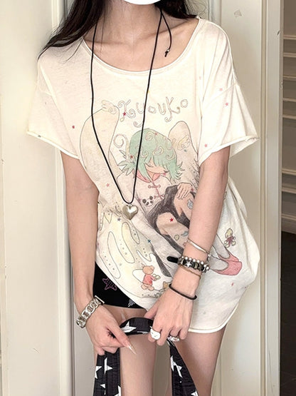 Cartoon Angel Print Apricot Round Neck T-shirt