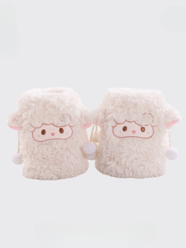 White Plush Lamb Leg Warmers With Pompon