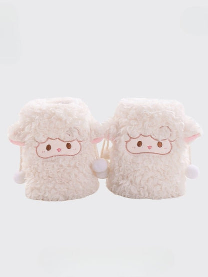White Plush Lamb Leg Warmers With Pompon