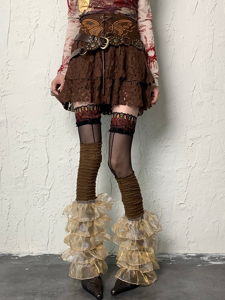 Brown Wasteland Punk Multi-layered Lace Trim Leg Sleeves
