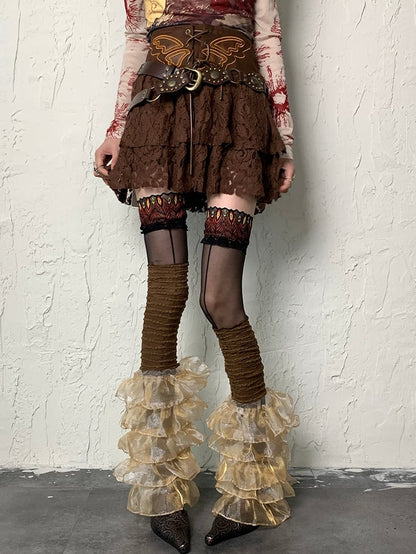 Brown Wasteland Punk Multi-layered Lace Trim Leg Sleeves