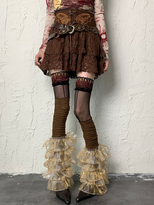 Brown Wasteland Punk Multi-layered Lace Trim Leg Sleeves