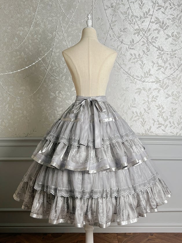 Silver Gray Bunny and Kitty Print Lolita Tiered Skirt