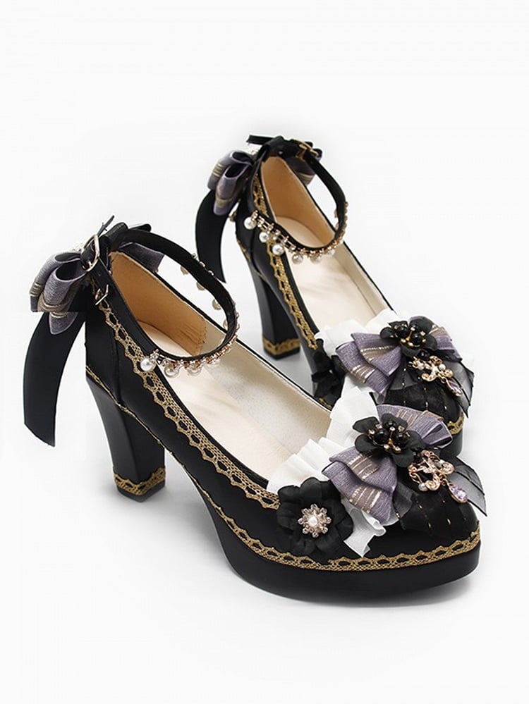 Black & Purple Bowknot and Floral 5.5CM/8CM Lolita Block Heels
