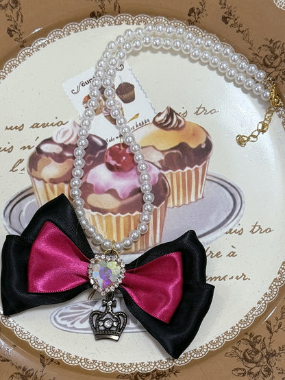 Black&Pink Rhinestone Heart Decorated Lace Trim Bowknot Haiclip + Bowknot Pendant Beaded Necklace + Bowknot Ring