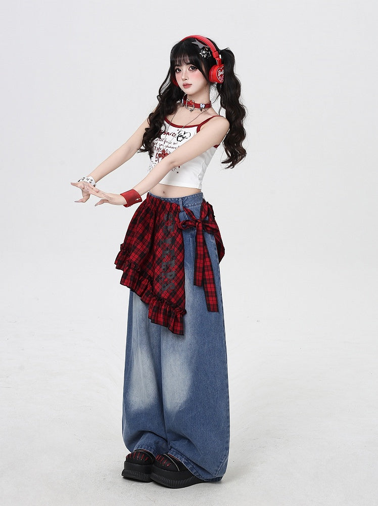 Blue Low Rise Faded Wash Wide-leg Jeans with Red Plaid Waist Accessory