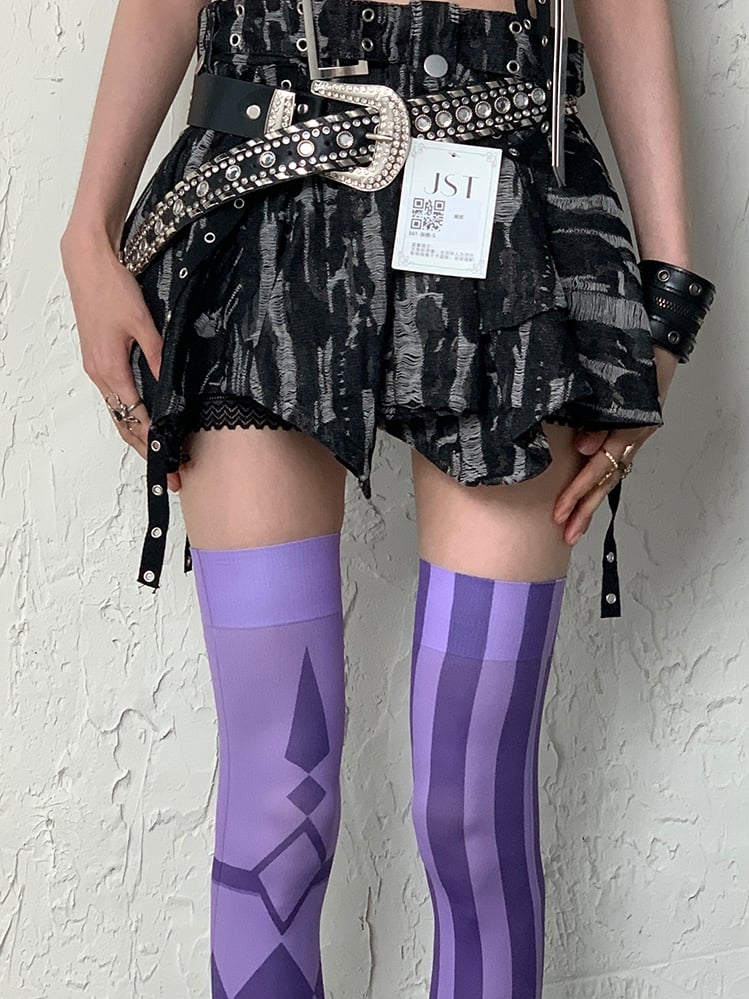 Purple Y2K Striped And Diamond Pattern Asymmetrical Design Overknee Stockings