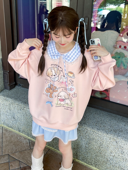 Adorable Cartoon Puppy Print Pink Round Neck Loose Sweatshirt