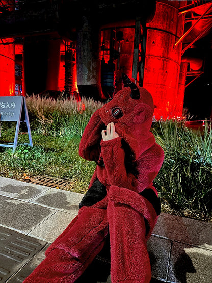 Red Devil Gothic Winter Plush Pajama Set Nightgown with Pants