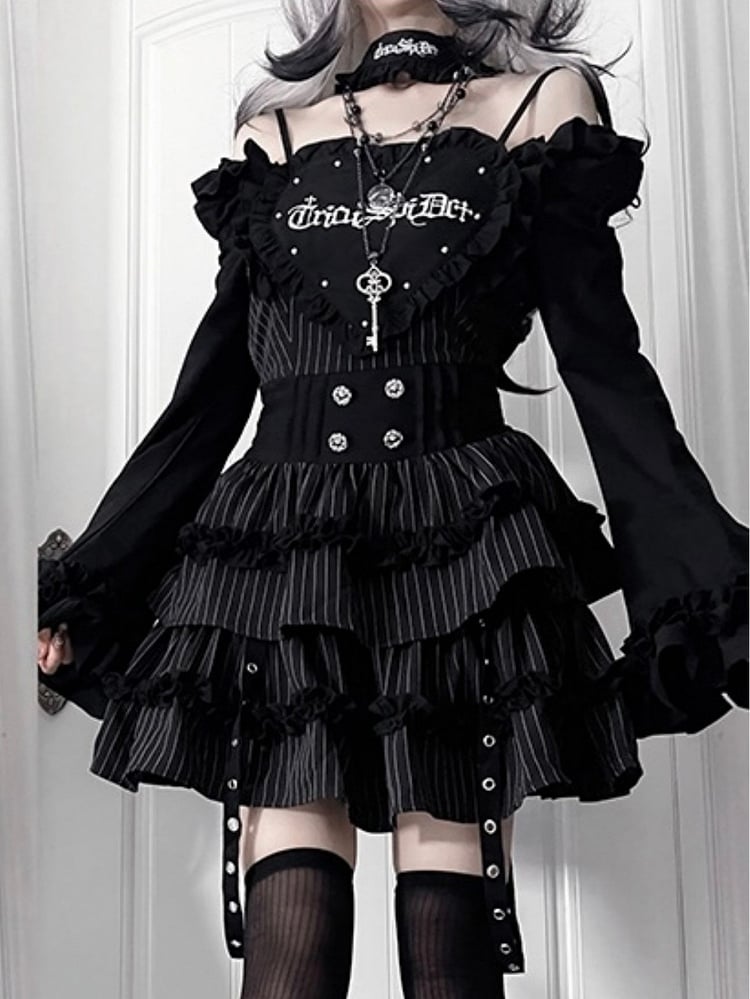 Black Gothic Off-the-shoulder Neckline Letter Print Striped Pattern Bell Sleeves Dress