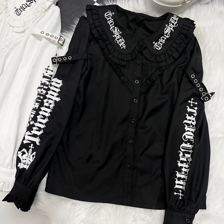 Black Emo Punk Peter Pan Collar Letter Print Buckle Details Blouse