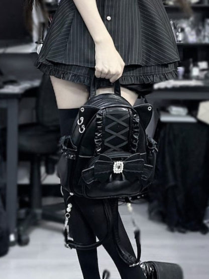 Jirai Kei Black Cat Ear Backpack With Beaded and Rhinestone Bow