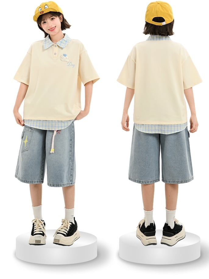 Blue Plaid Collar and Hem Puppy Embroidery Apricot Loose T-shirt