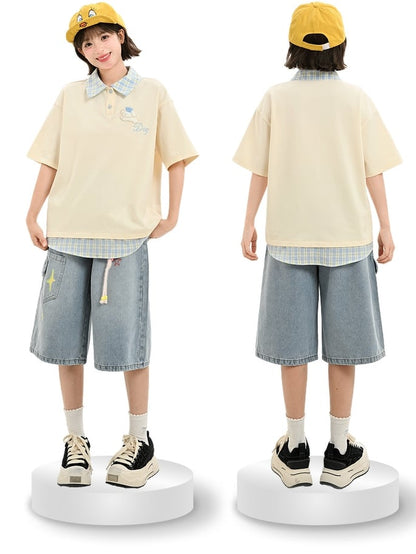 Blue Plaid Collar and Hem Puppy Embroidery Apricot Loose T-shirt