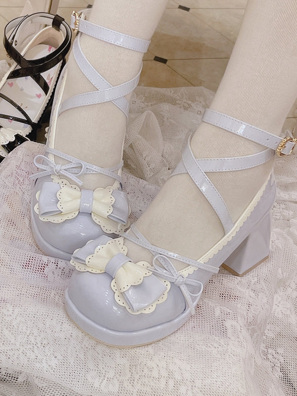 Bow Accents Crisscross Ankle Strap Light Blue Round Toe Sweet Mary Janes