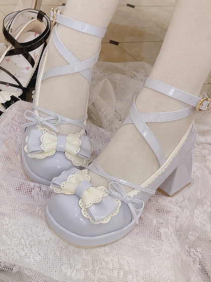 Bow Accents Crisscross Ankle Strap Light Blue Round Toe Sweet Mary Janes