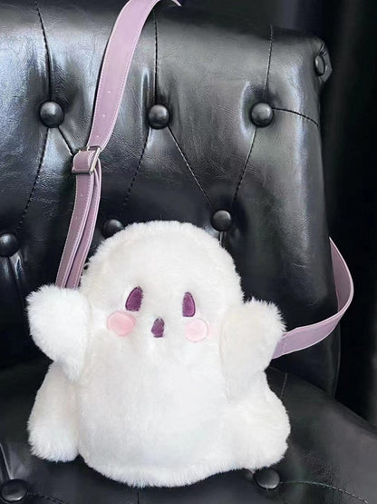 White Ghost-shaped Fleece Crossbody Bag With Taro Purple Straps