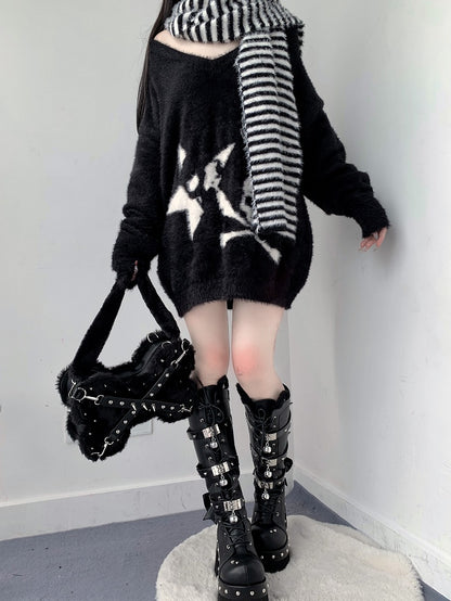 Black Punk Y2K Bone-Shaped Fleece Bag With Studded Crisscross Straps