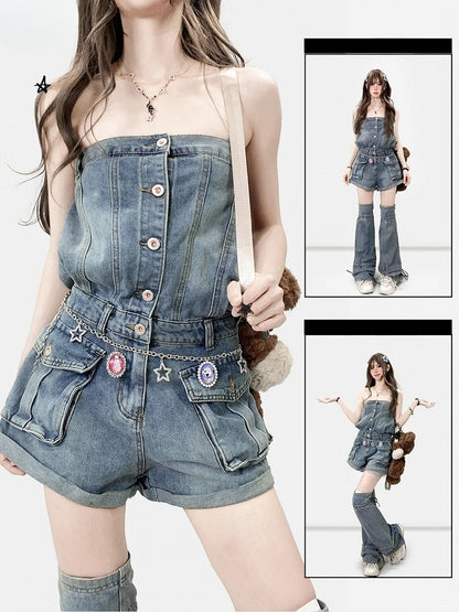 Blue Y2K Bittersweet Overall Shorts