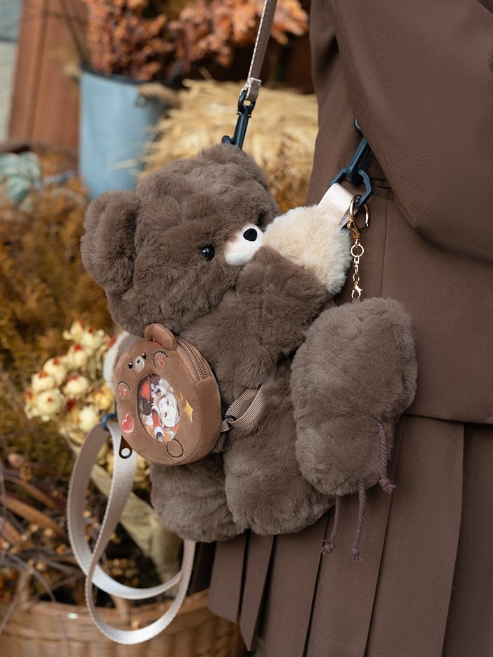 Brown Bear Plush Backpack/Crossbody Bag + Keychain Small/Middle/Large Size