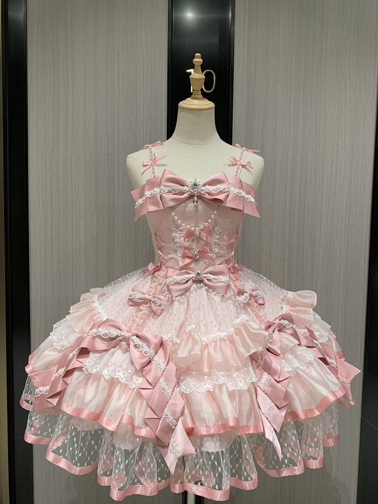 Pink Layered Lace Sweet Lolita Dress with Bead and Bow Embellishments