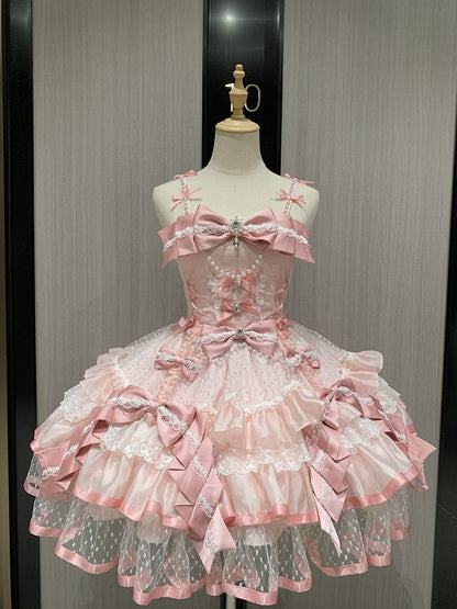 Pink Layered Lace Sweet Lolita Dress with Bead and Bow Embellishments
