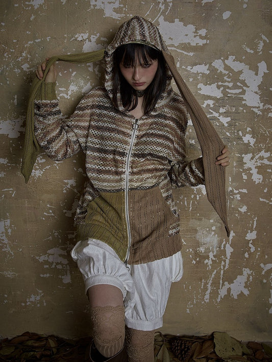 Dune Inspired Bunny Ears Brown Striped Hooded Top Hollow-out Design