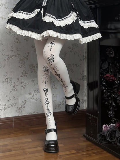 Butterfly and Candelabra Print Gothic Lolita White Tights