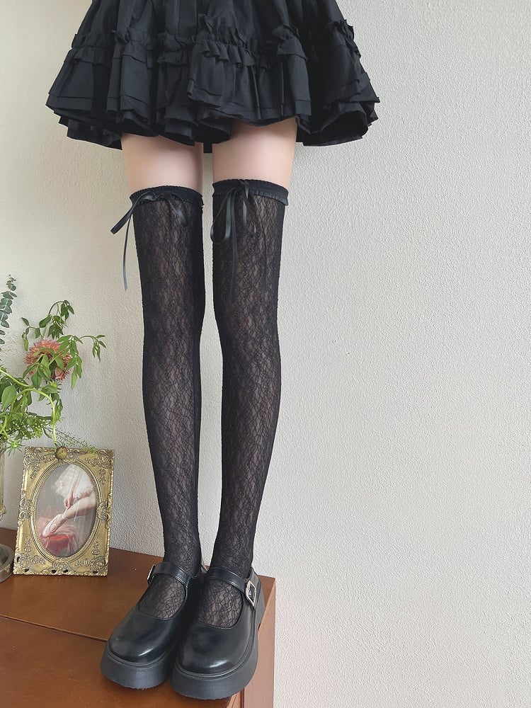 Milk White/Black Floral Pattern Bowknot Details Overknee Stockings