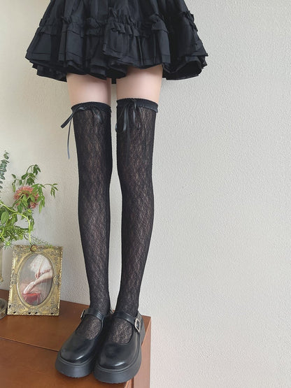 Milk White/Black Floral Pattern Bowknot Details Overknee Stockings