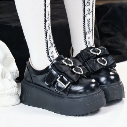 Black Jirai Kei Slip-on Platforms with Rhinestone Heart Decor & Bow Accents in Thicken/Regular Version