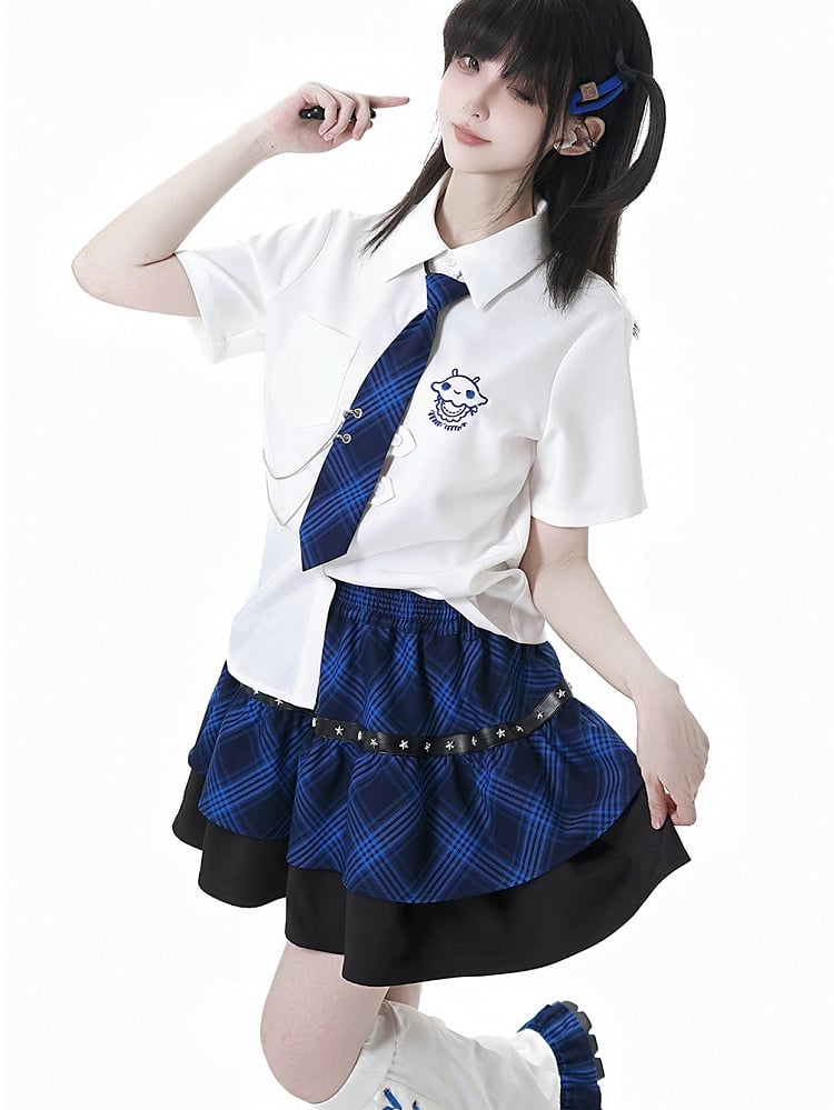 Adorable Jellyfish Embroidery White Short Sleeves Shirt with Blue Plaid Tie