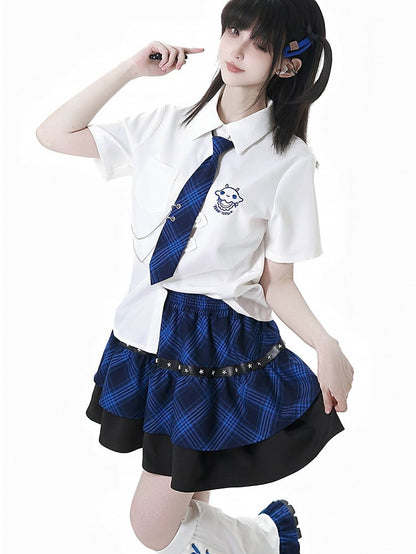 Adorable Jellyfish Embroidery White Short Sleeves Shirt with Blue Plaid Tie