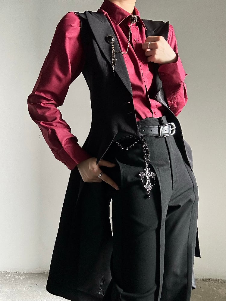 Ouji Lolita Black Tailcoat Vest with Peaked Lapel & Triangular Back Slit