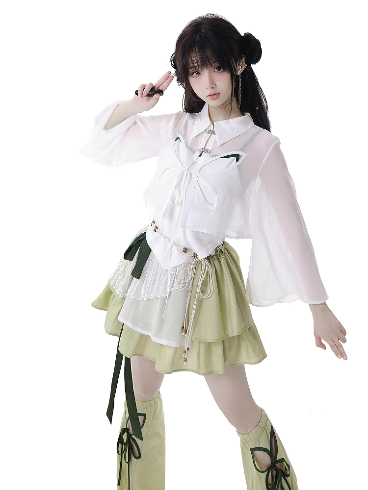 Green Cheongsam Style Elastic Waist Tiered Skirt with Waist Belt