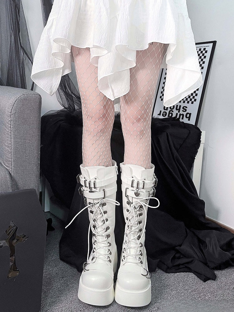 Knee High Punk Matte White Platform Boots