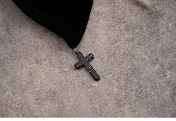 Handmade Skeleton Gothic Black Velvet Big Bow Hairclip with Crosses